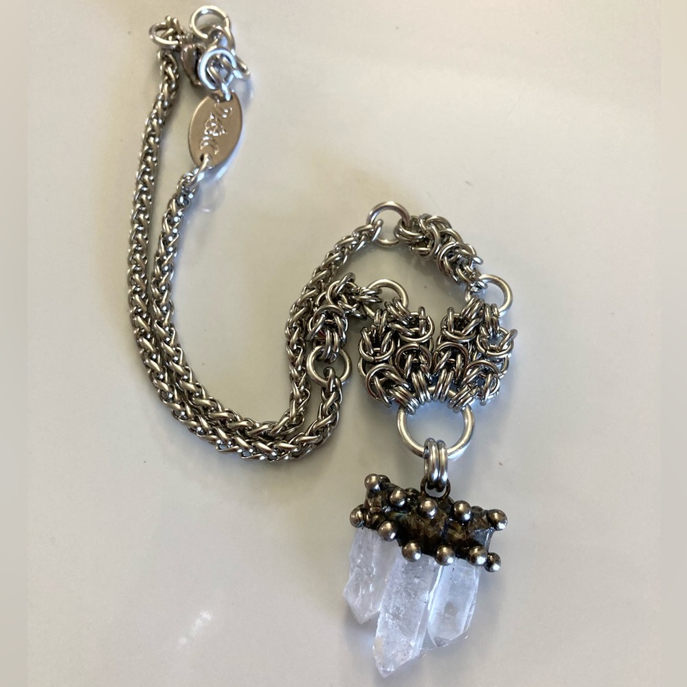Handmade Genuine raw crystal quartz maille stainless steel boho goth necklace - Picture 6 of 13